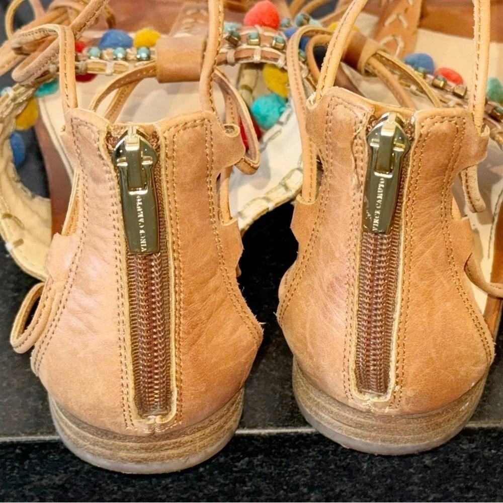 Vince Camuto Balisa Pom Pom Lace-Up Sandals Zip Gladiator Sz 9 Flats shoes